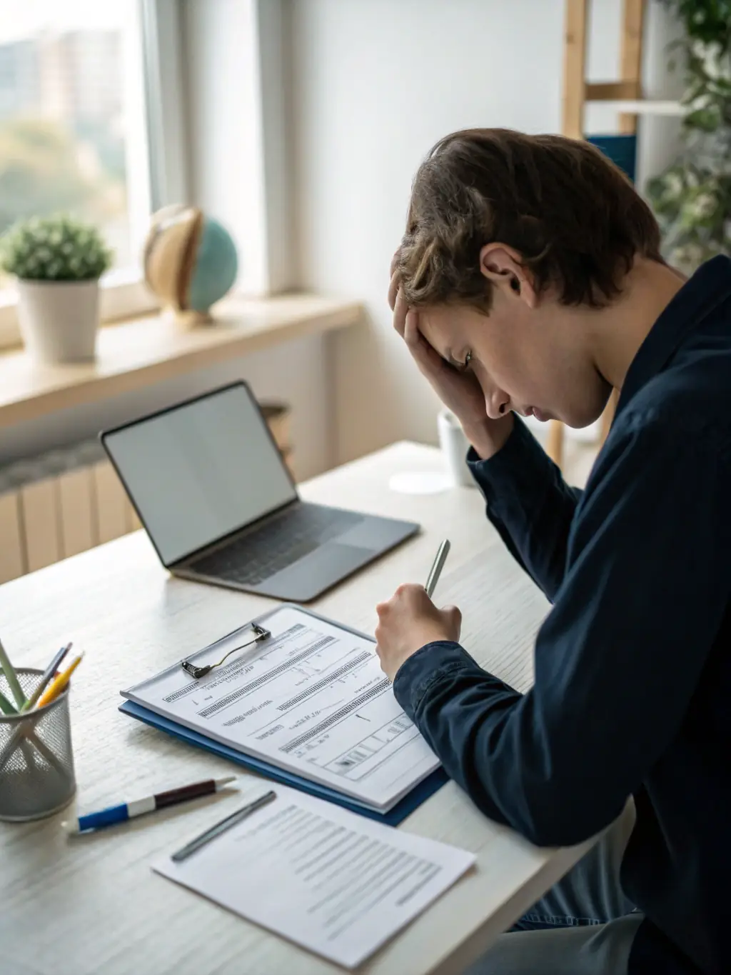 An insurance claim specialist reviewing documents with a client, with insurance policies and claim forms visible.