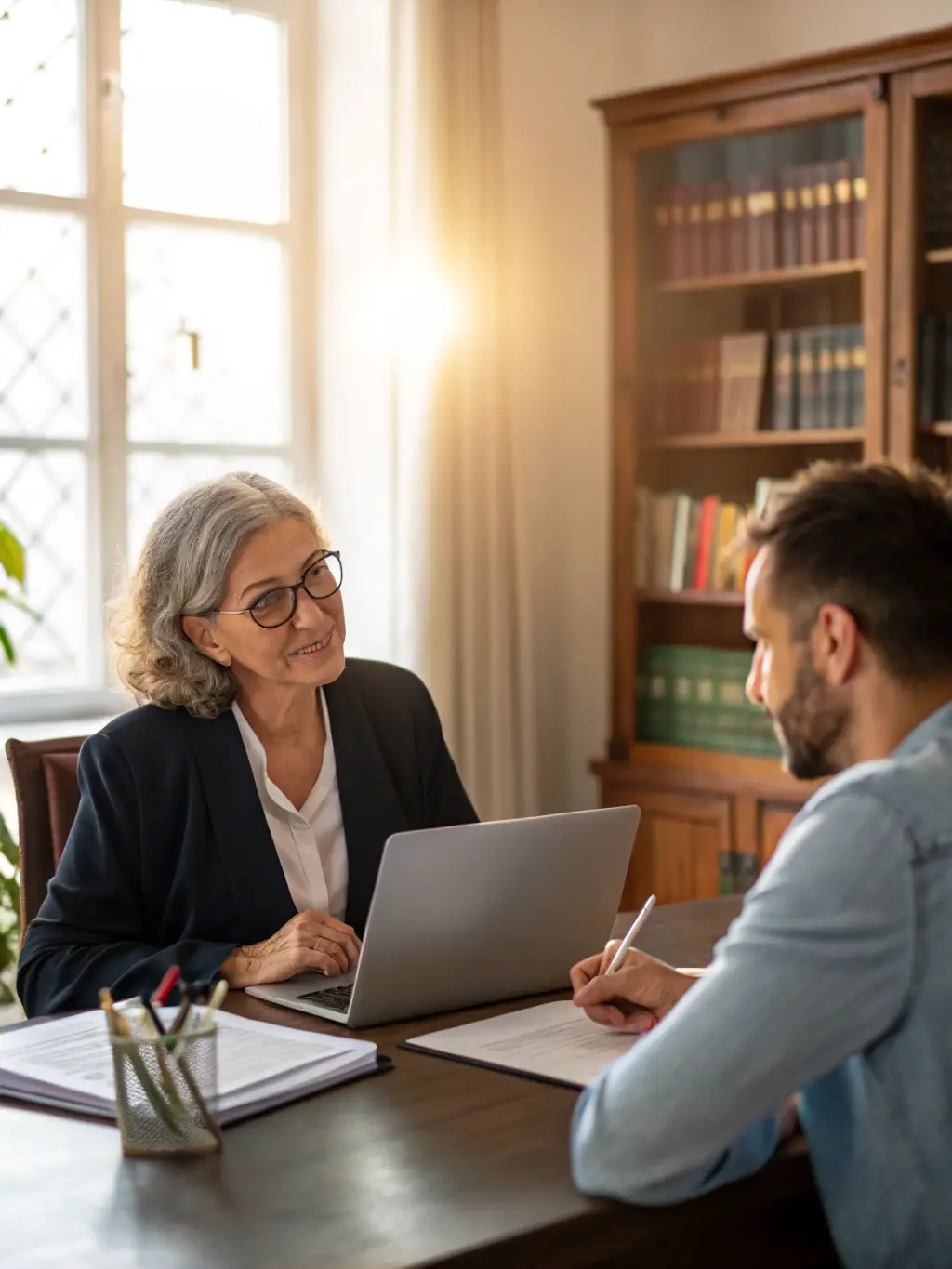 A lawyer explaining legal documents to a client in simple terms, ensuring clarity and understanding.