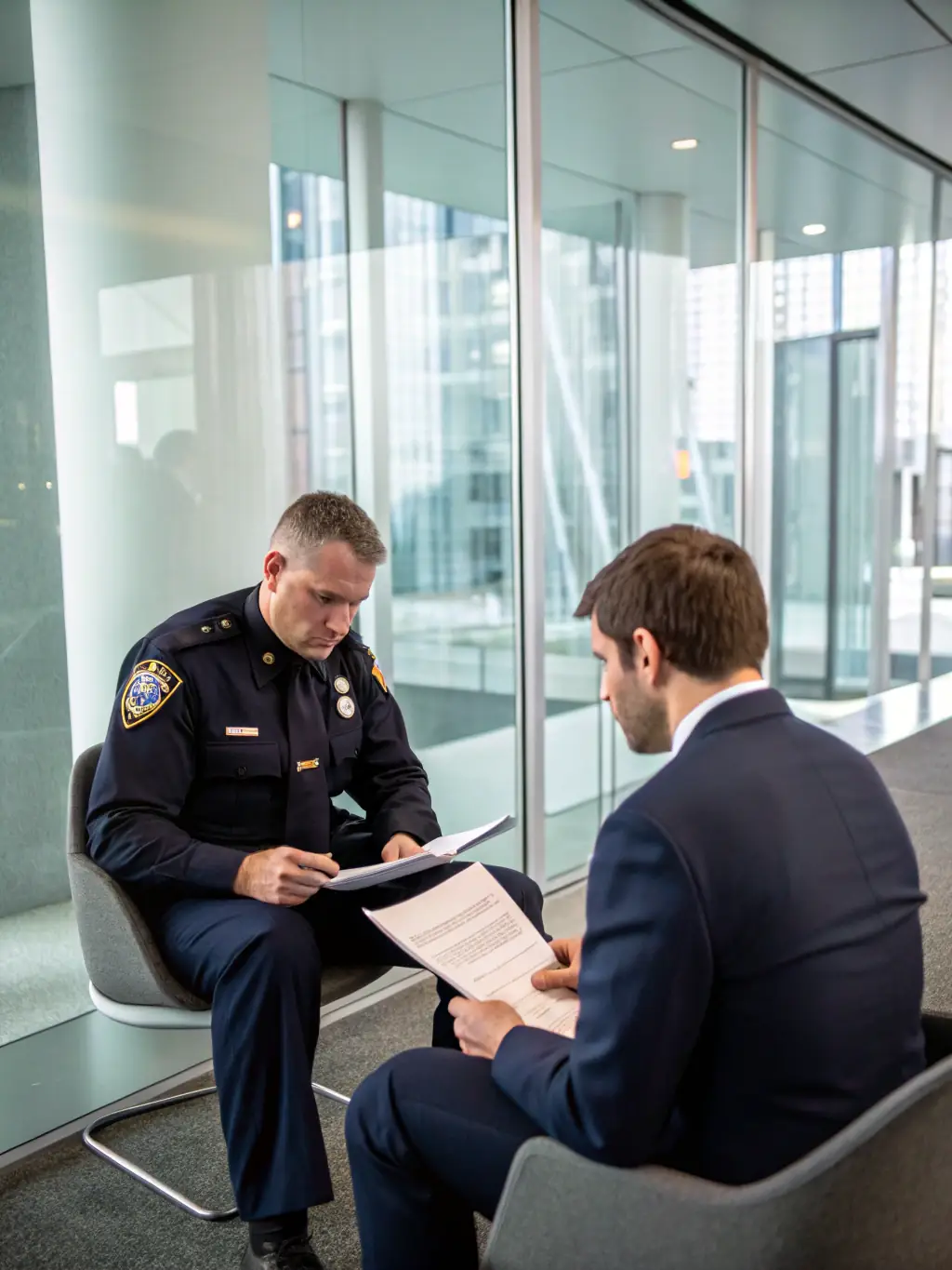 A lawyer consulting with a client at a police station, with police reports and breathalyzer devices in the background.