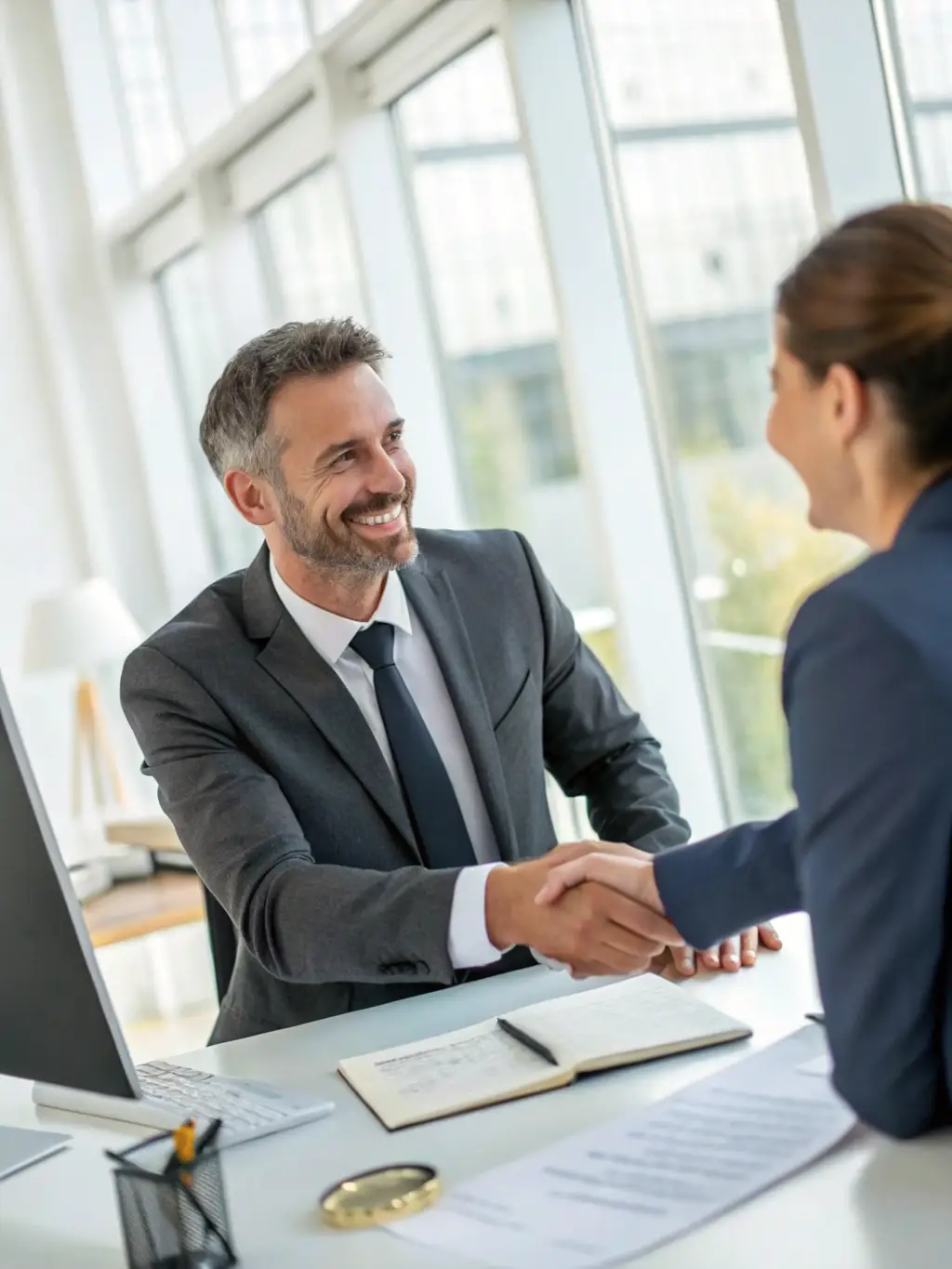 A professional photograph of a lawyer shaking hands with a client in a bright, modern office setting, symbolizing agreement and legal support in a divorce case.