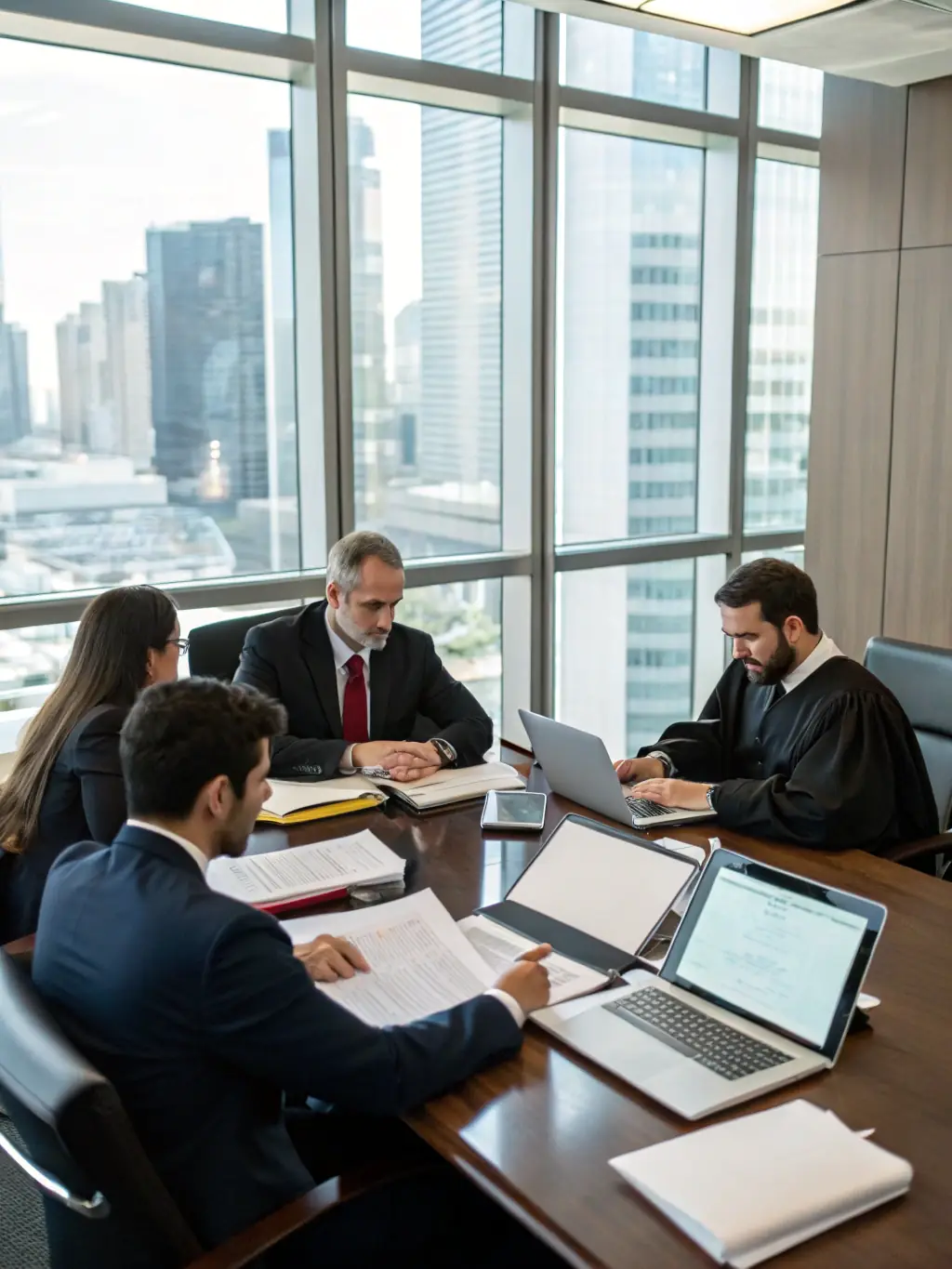 A group of experienced lawyers in a meeting room, discussing case strategies and legal precedents.