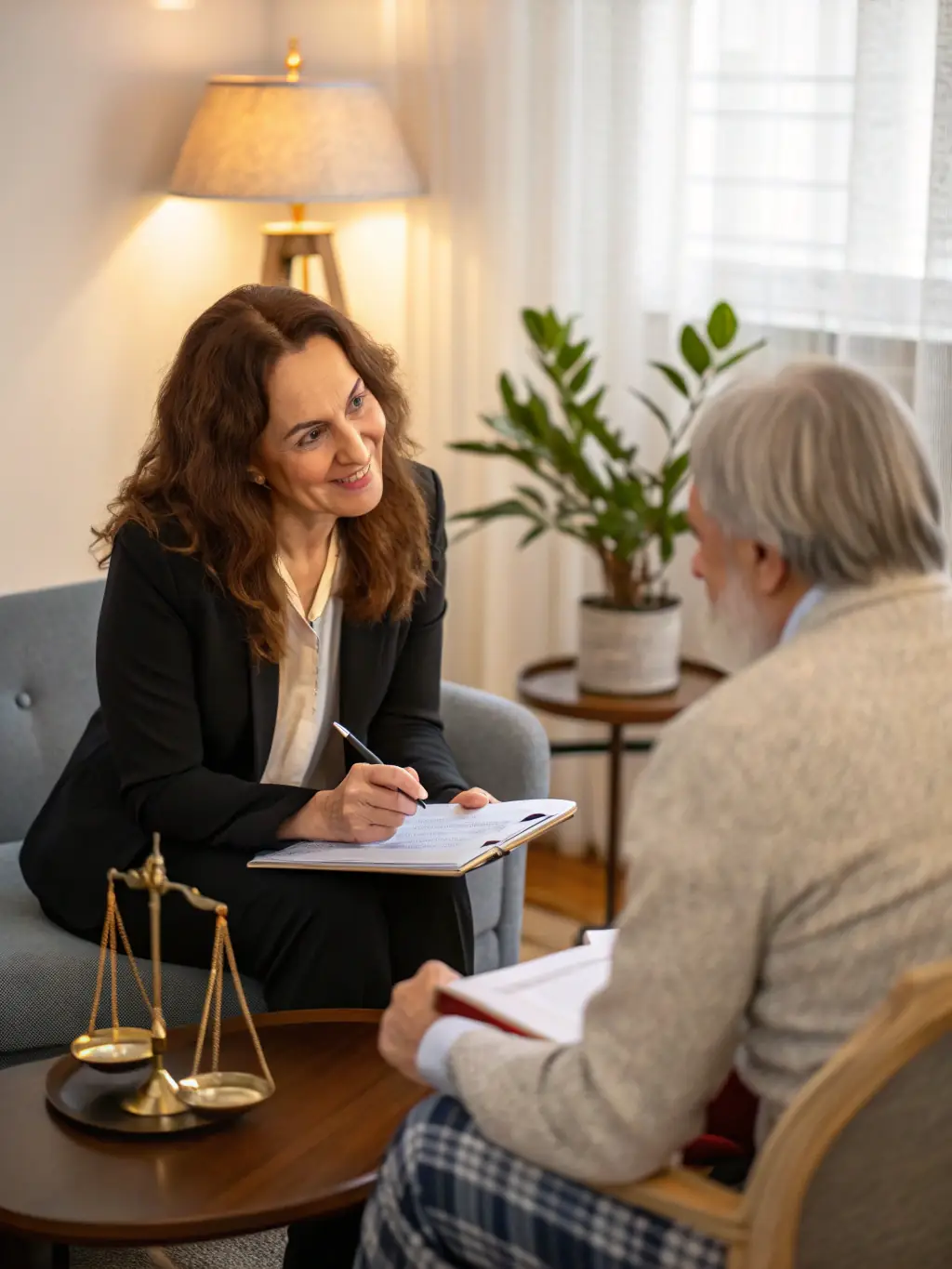 A lawyer advising a client in a confidential setting, with documents related to protection orders on the table.