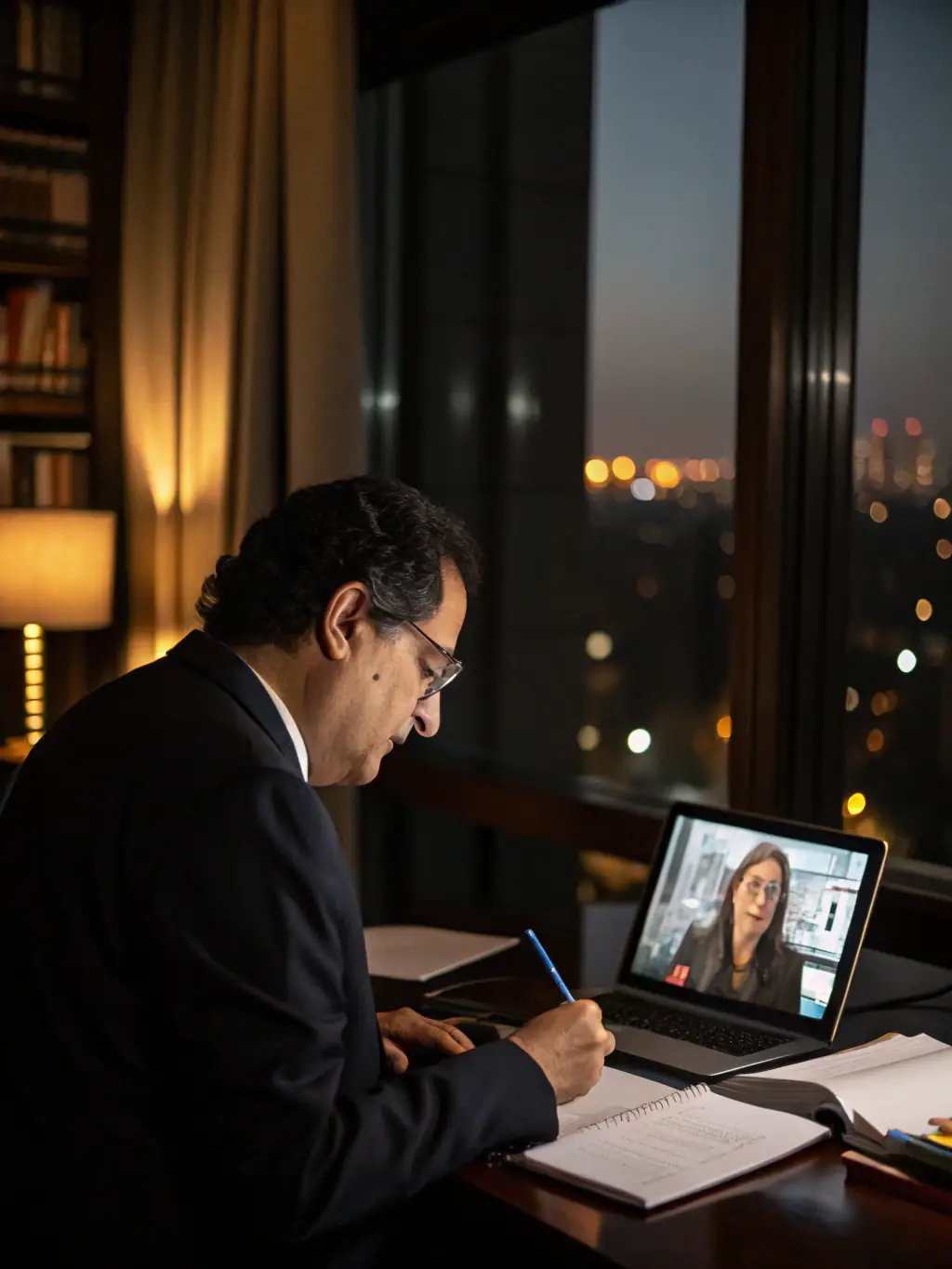 A lawyer answering a phone call late at night in a brightly lit office, emphasizing 24/7 availability for urgent legal matters.
