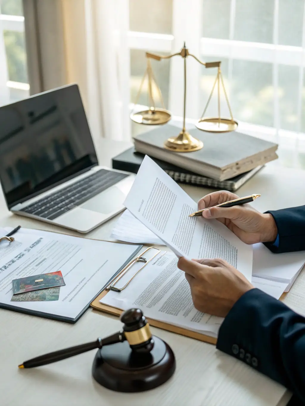 A lawyer reviewing credit card statements with a client, highlighting charges and dispute notices.